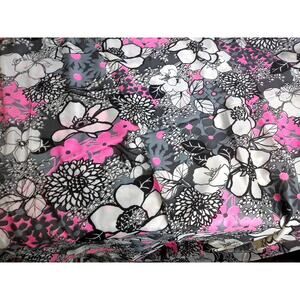 Vintage Mod Retro Boho Floral Fabric Pink Black White Sheen 2.5 Yards 47" Wide